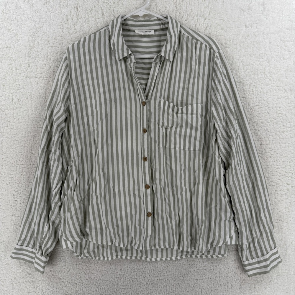 Beach Lunch Lounge Shirt Womens‎ XL Green White Stripe Button Front Long Sleeve